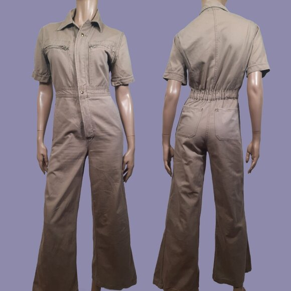 Vintage 70s Jumpsuit Flare Wide Leg Size S Utility Flight Suit Beige Full Zip - Picture 1 of 10
